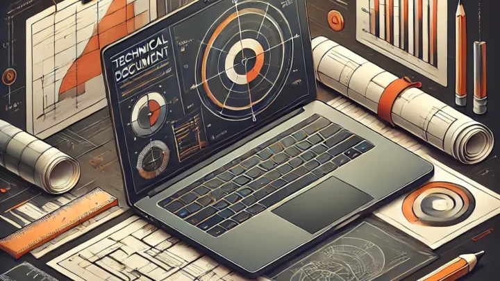 DALL·E 2024-11-22 17.49.06 - An illustration of technical document creation, featuring an open laptop with blueprints, charts, and diagrams displayed on the screen. Surrounding th