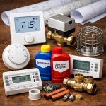 Central heating products including motorised valve, thermostats, programmer, water treatment chemicals and flue terminal guards